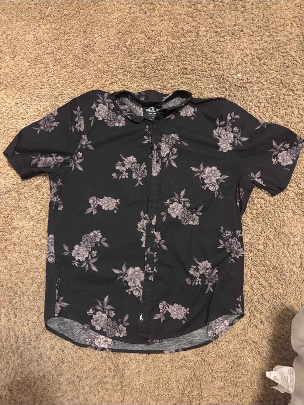 Hollister Black Button-Up Shirt with Gray Floral Print